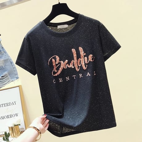 スパンコールメッセージ ラメTシャツ 2色展開