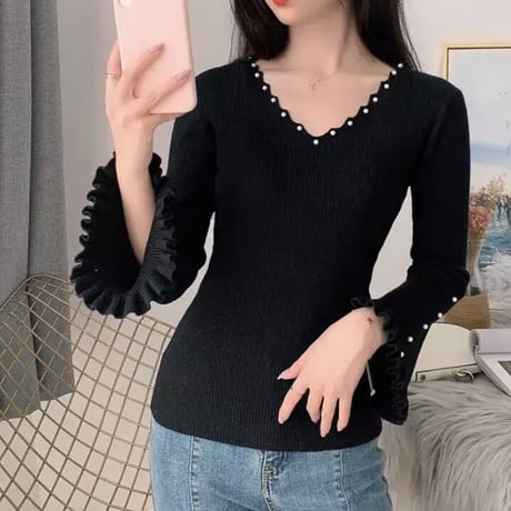 パールデザイン フリルニットトップス 6色展開