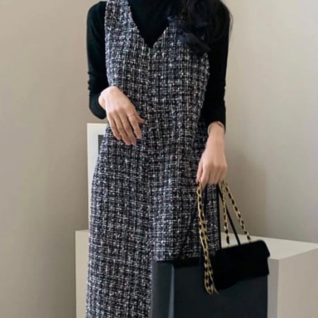 ラメツイード Vネックロングワンピース