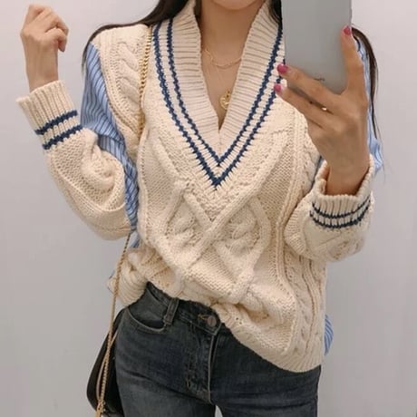 ストライプ ケーブルニット 2色展開