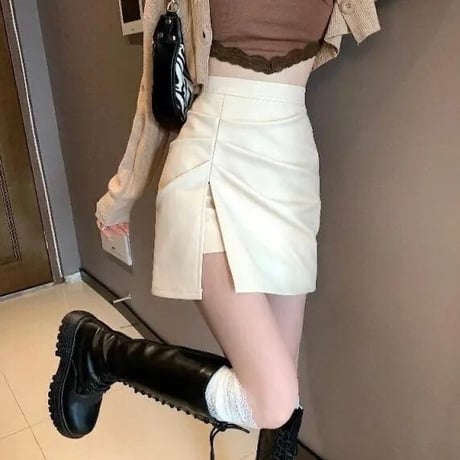 ギャザースリット レザースカート 3色展開