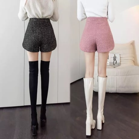パールモチーフ サイドスリットツイードショートパンツ 3色展開