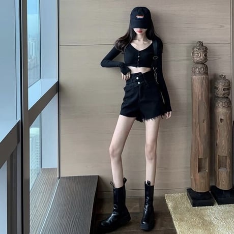 ダブルベルトデザイン ショートデニムパンツ 2色展開