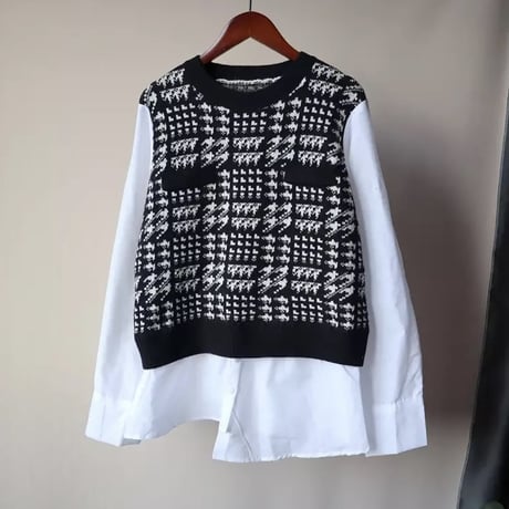 【Black即納】千鳥格子ニット ドッキングブラウス 3色展開