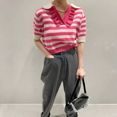 フリルネック ボーダーカラートップス 3色展開