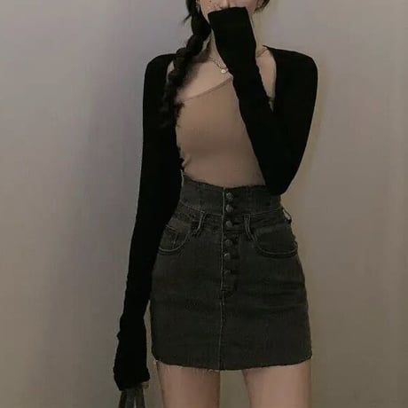 ハイウエストボタン デニムミニスカート 2色展開