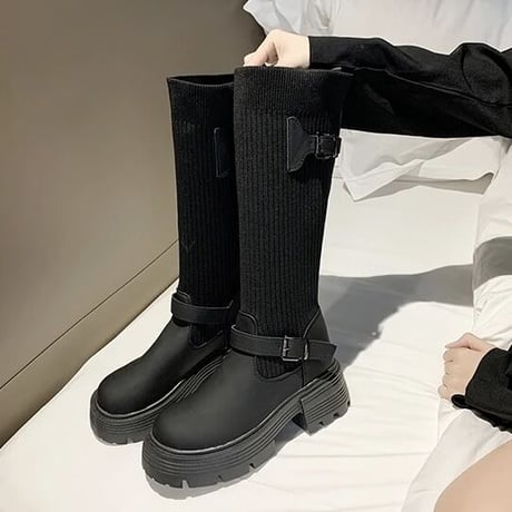 ベルトデザイン ラウンドトゥソックスブーツ 3色展開