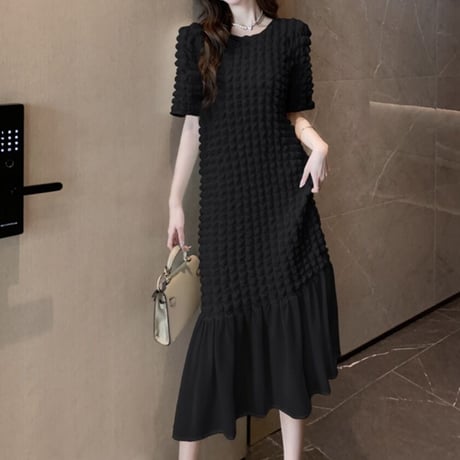 ワッフルシフォンヘム ロングワンピース 2色展開