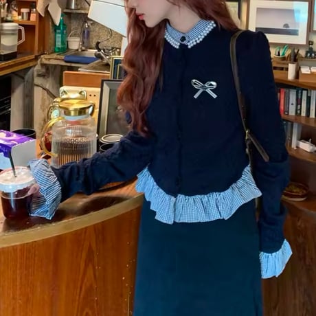ブルーチェックリボンカーディガンスカートセット
