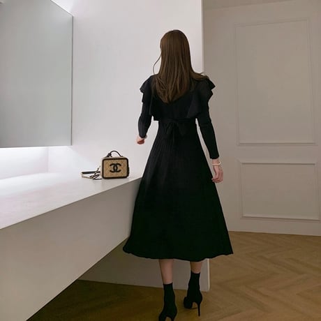 バックリボン ショルダーフリルワンピース 2色展開