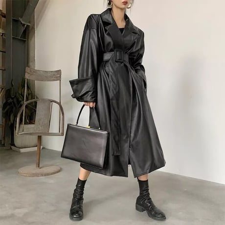 ロングスリーブ レザートレンチコート