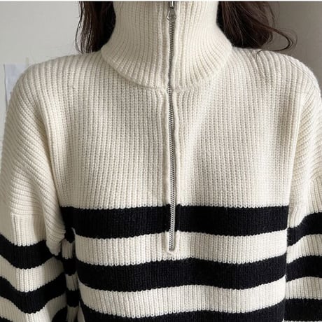 ジッパー ボーダーニットワンピース 2色展開