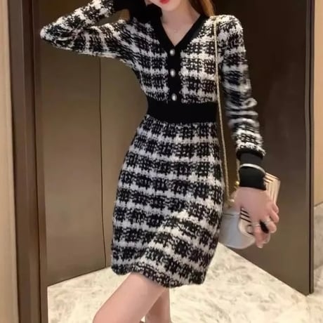 モノトーンチェック ハイウエストラインワンピース