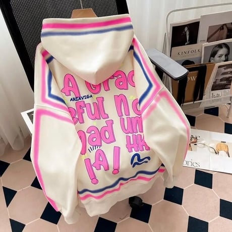 【Ivory Mサイズ即納】ピンクロゴプリント オーバーパーカー 2色展開