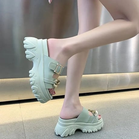 ゴールドチェーンバックル ハイソールサンダル 4色展開