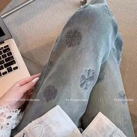 ヴィンテージフラワーストーンデニムパンツ