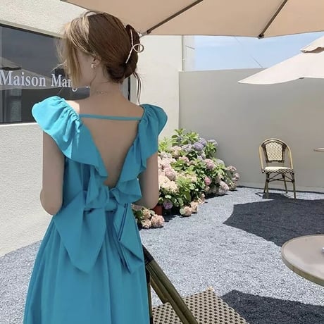 バックフリルリボン ストラップワンピース 3色展開