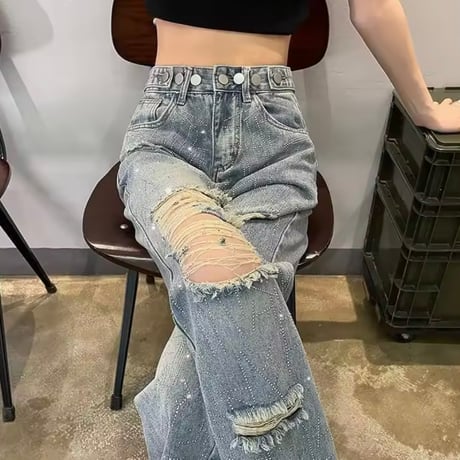 ラインストーンクラッシュデニムパンツ