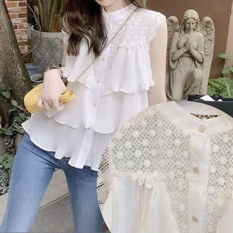 シフォンプリーツ レースカットトップス