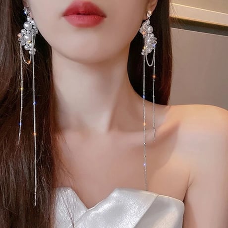 ロングチェーン パールストーンピアス