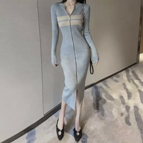 バストボーダー ジッパーリブニットワンピース 2色展開