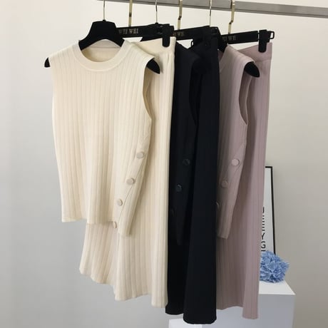 リブニットノースリーブパンツ セットアップ 4色展開
