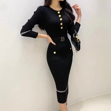 ヘムラインニットペンシルワンピース 2色展開
