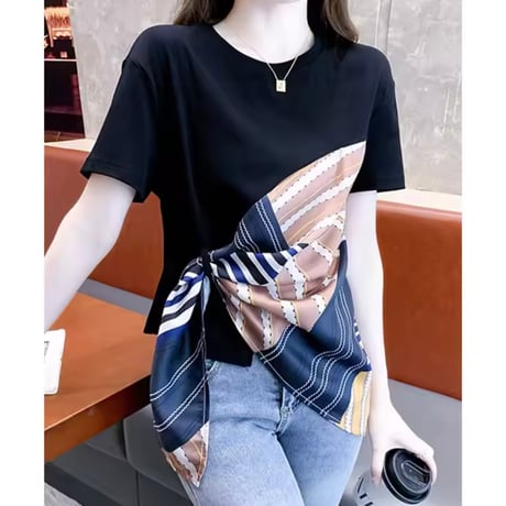 スカーフパッチワークTシャツ 2色展開