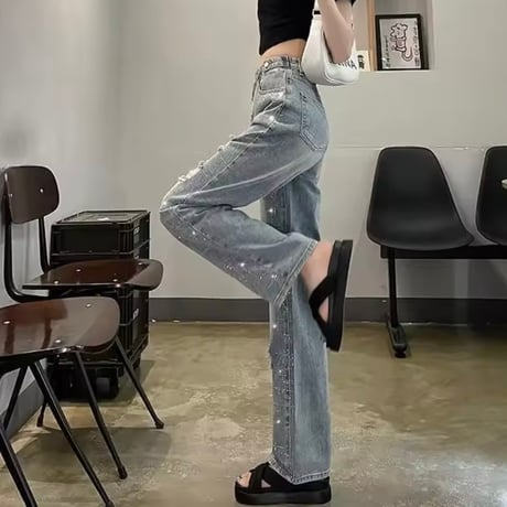 ラインストーンクラッシュデニムパンツ