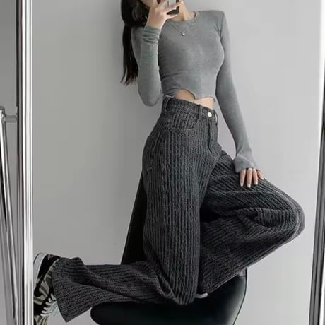 ワッフルハイウエストデニムパンツ 2色展開