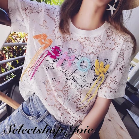 【即納】レースデザイン ロゴ刺繍Tシャツ 2色展開