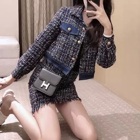 デニムブルーツイードジャケット スカートセットアップ