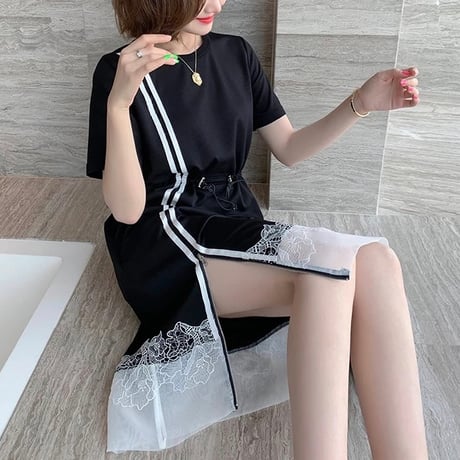 サイドジッパー コントラストレースワンピース