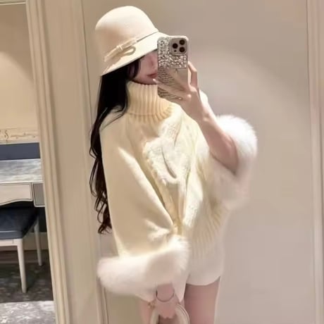 ハイネックケーブルファーポンチョ 3色展開