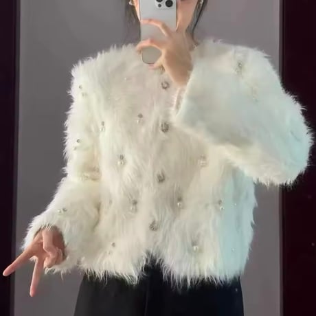 ビジューステッチファーカーディガン 4色展開