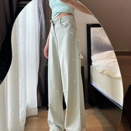 リボンストーンステッチ デニムパンツ