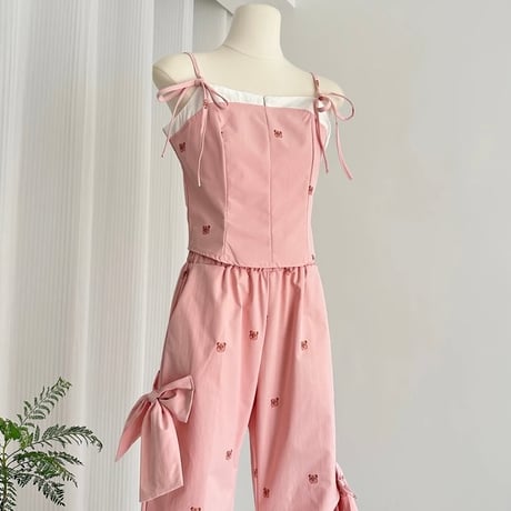 ベアープリント ピンクリボンセットアップ