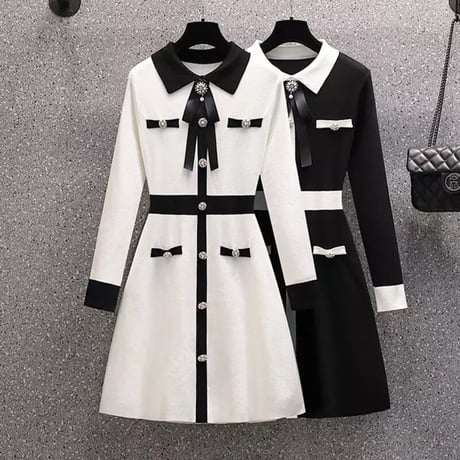 パールビジューリボン バイカラーワンピース 2色展開