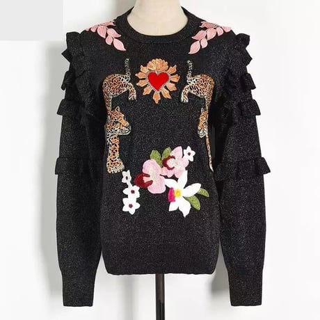 【Pink Lサイズ即納】フリルチーターワッペンニット 2色展開