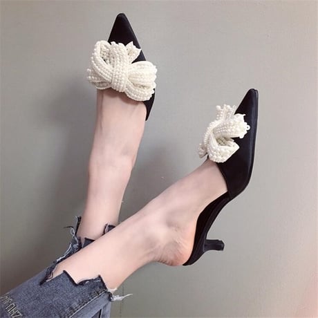 ビッグパールリボン ローヒールパンプス 2色展開