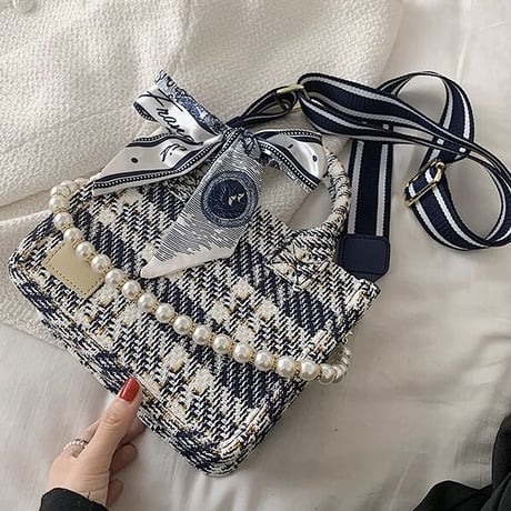 パールストラップ ツイードスカーフバッグ 2色展開