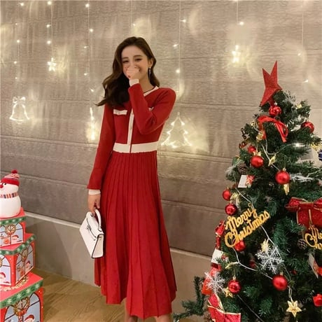 バイカラープリーツワンピース 3色展開