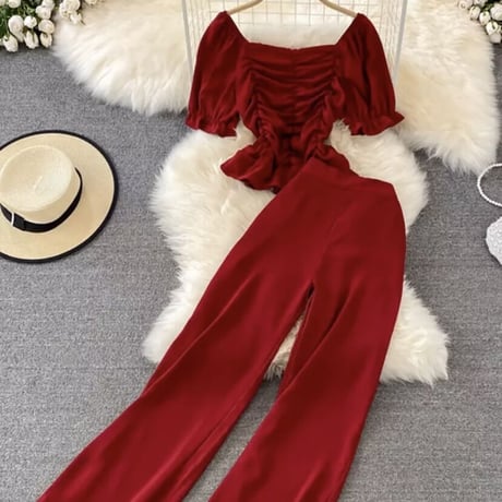 ギャザートップス パンツセットアップ 10色展開