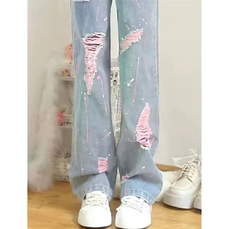 ピンクダメージペイントデニムパンツ