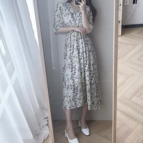 シックフラワー ギャザーシフォンワンピース 2色展開