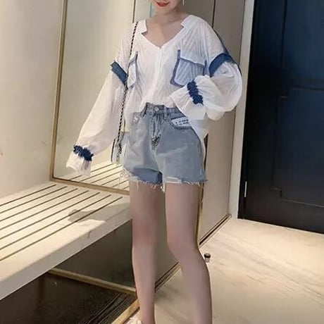 デニムパッチワーク シフォンブラウス