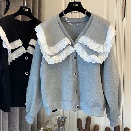 レースカラー ボタンスウェットトップス 2色展開