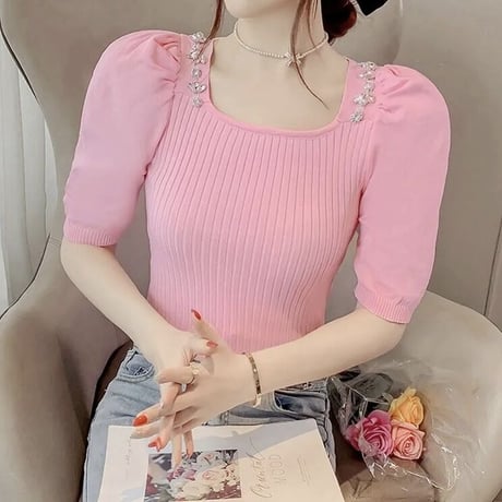 ビジューポイント リブサマーニット 3色展開
