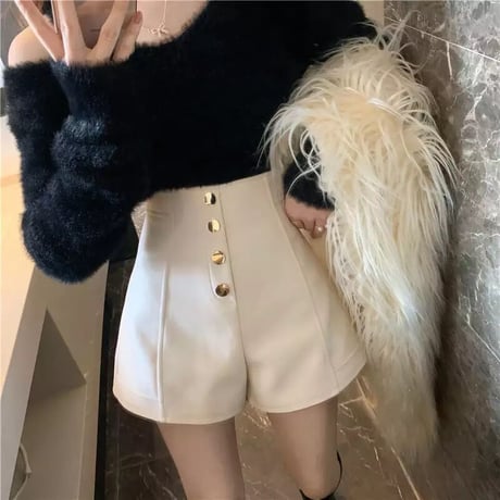 ゴールドボタン ハイウエストショートパンツ 2色展開