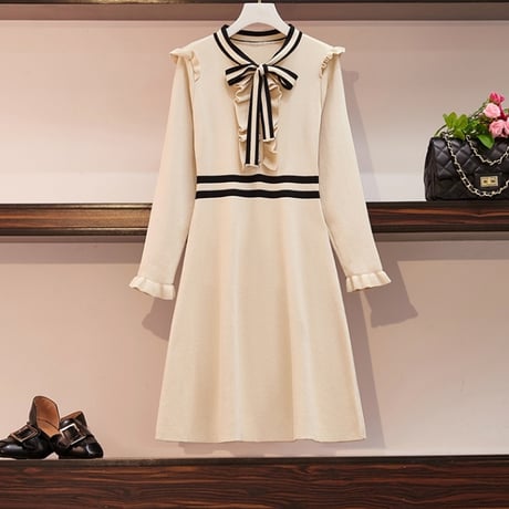 リボンストライプフリルワンピース 3色展開